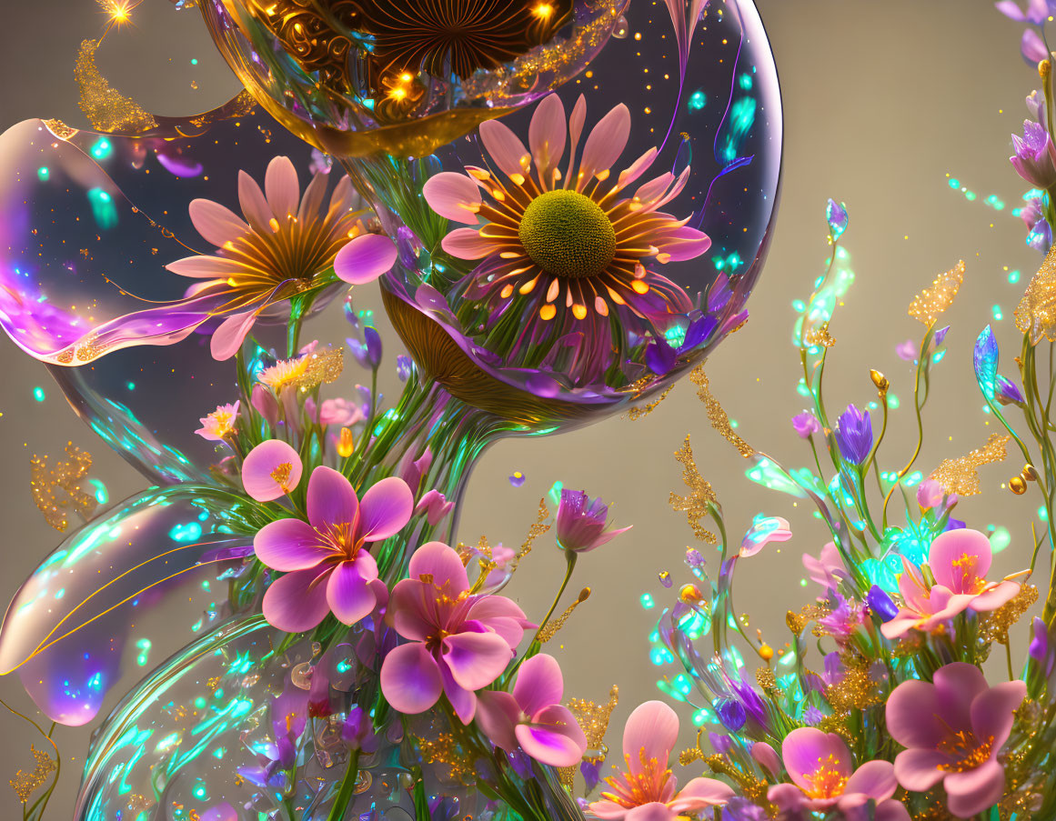 Neon-lit flowers and glossy shapes on warm background