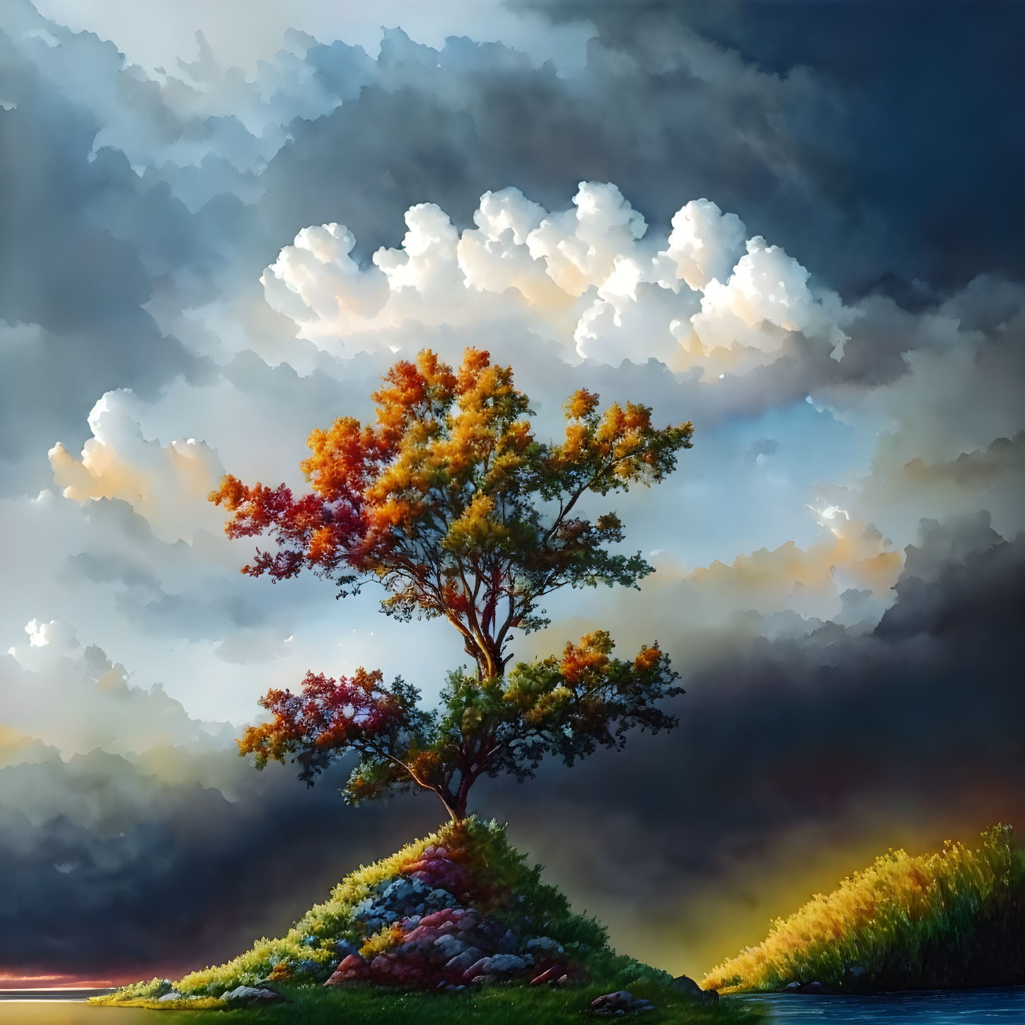 Colorful autumn tree on island under dramatic sky