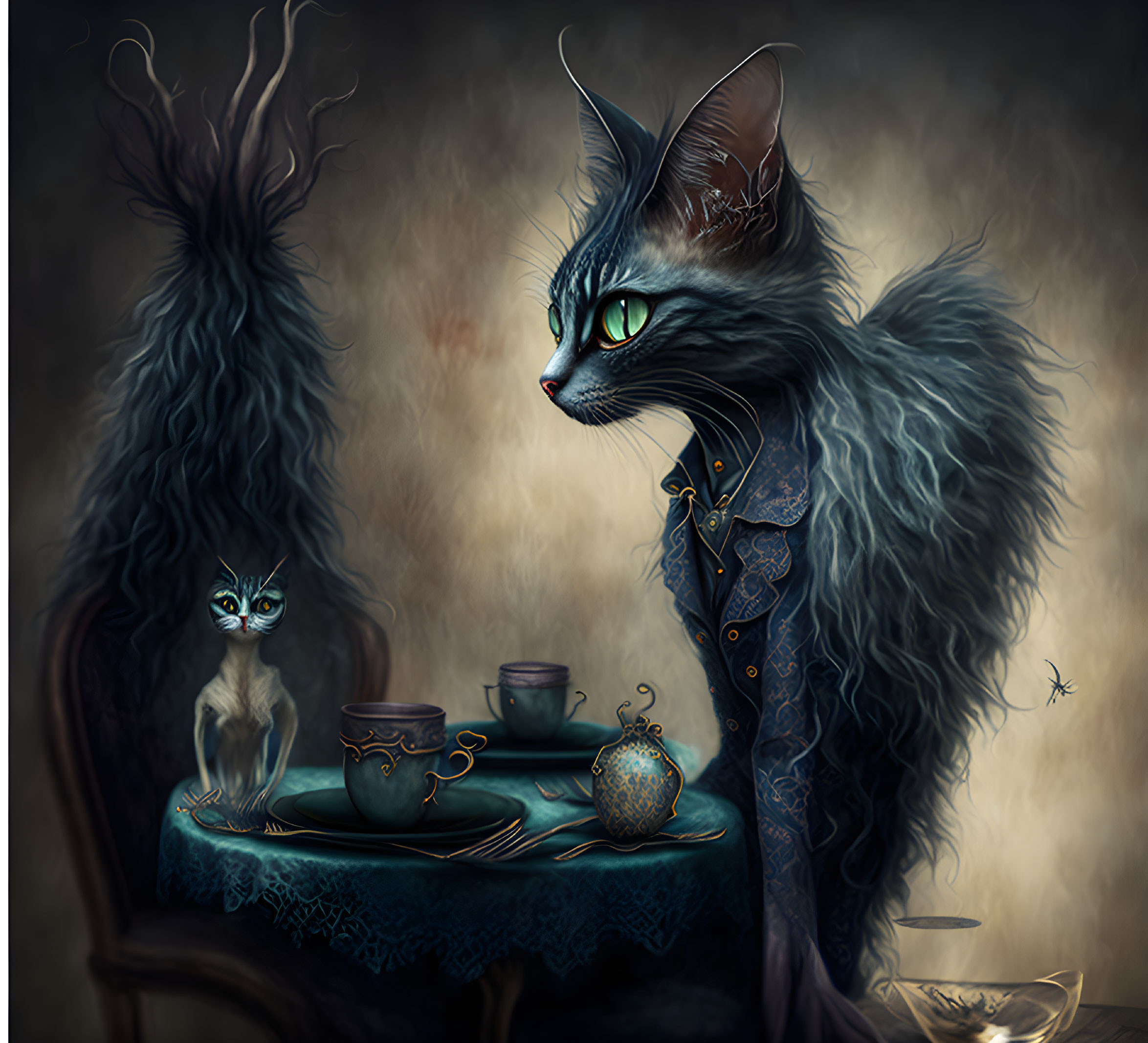 Anthropomorphic cat digital art with kitten and magical items