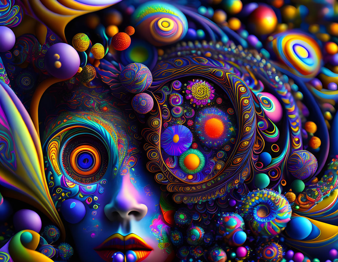 Colorful surreal face in vibrant psychedelic image with fractals and spherical shapes