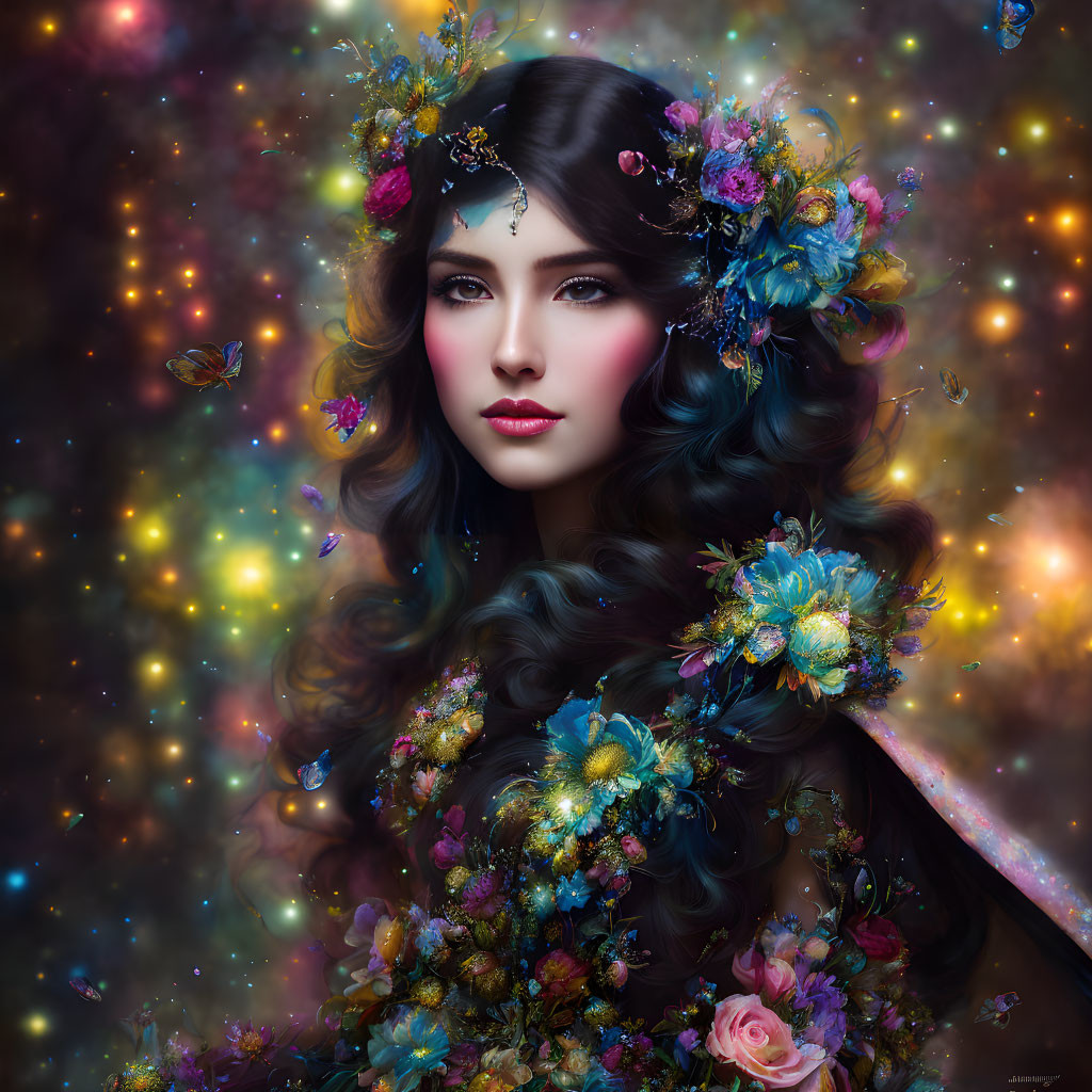 Woman portrait with floral adornments and butterflies in cosmic backdrop