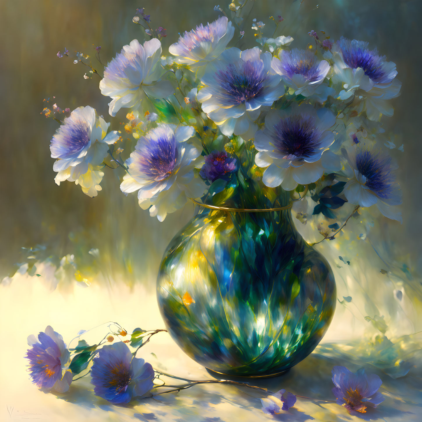 Radiant painting of white and purple flowers in a shimmering green vase