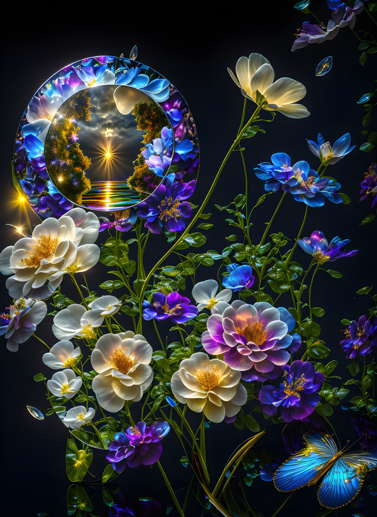 Vibrant blue and white flower art with luminous butterfly circle and sunset scene