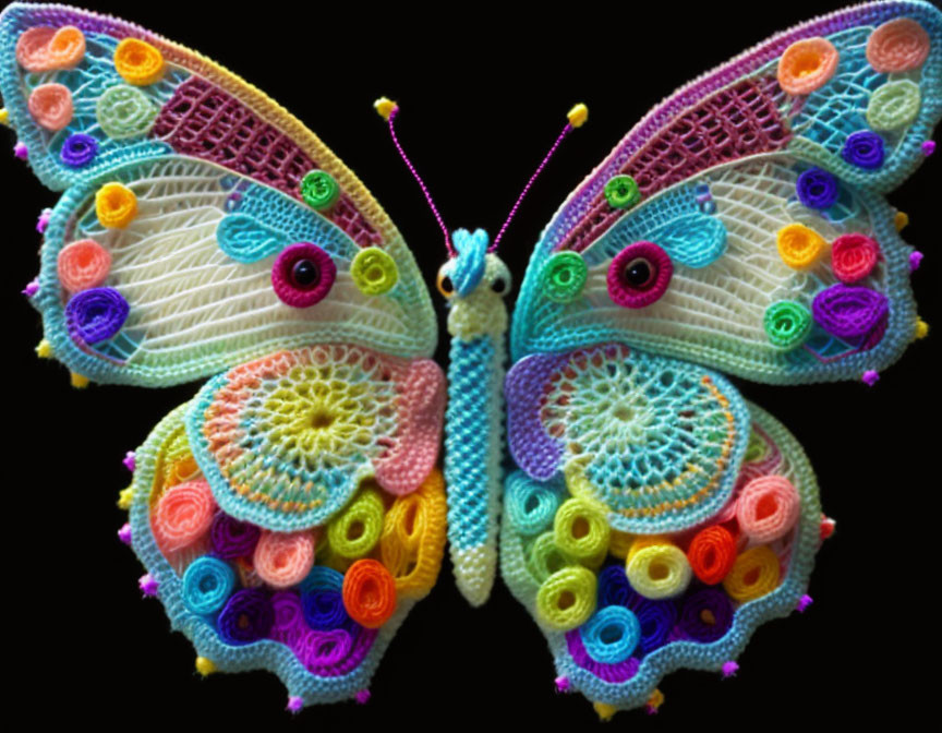 Colorful Crochet Butterfly with Intricate Patterns on Black Background