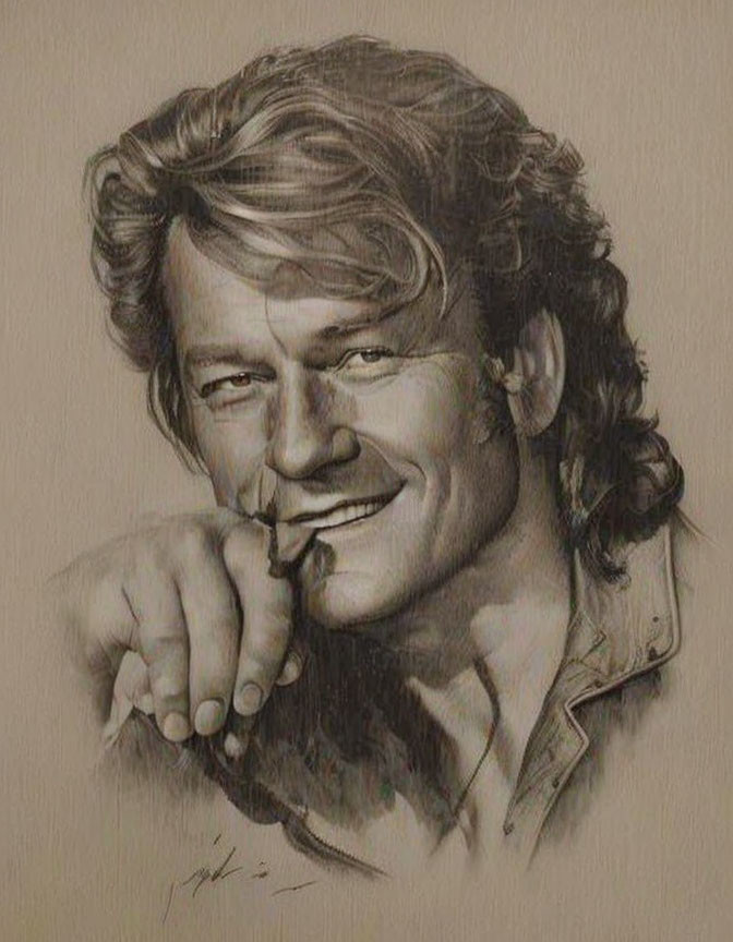 Smiling man with tousled hair in pencil sketch