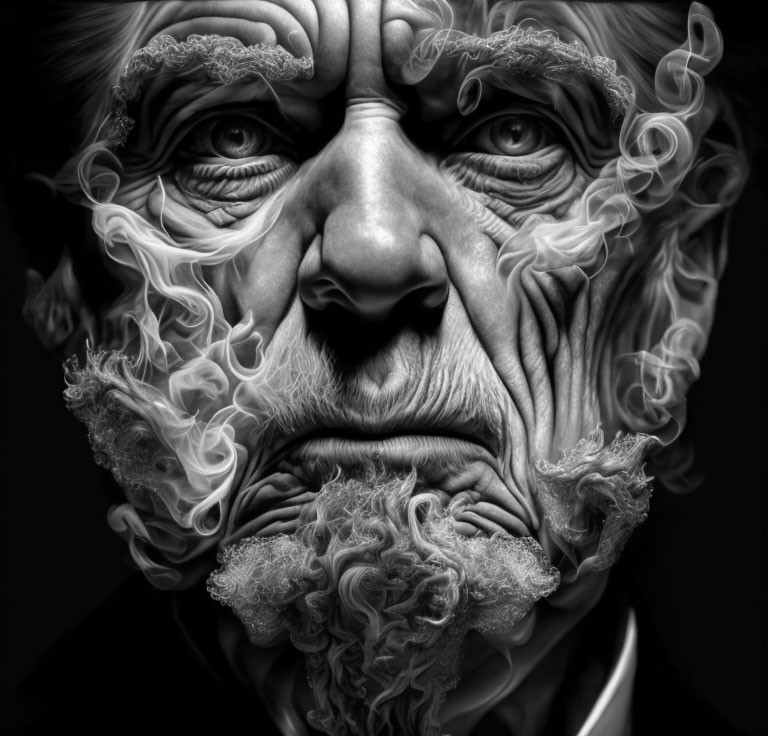 Monochrome close-up of elderly man's face with swirling smoke