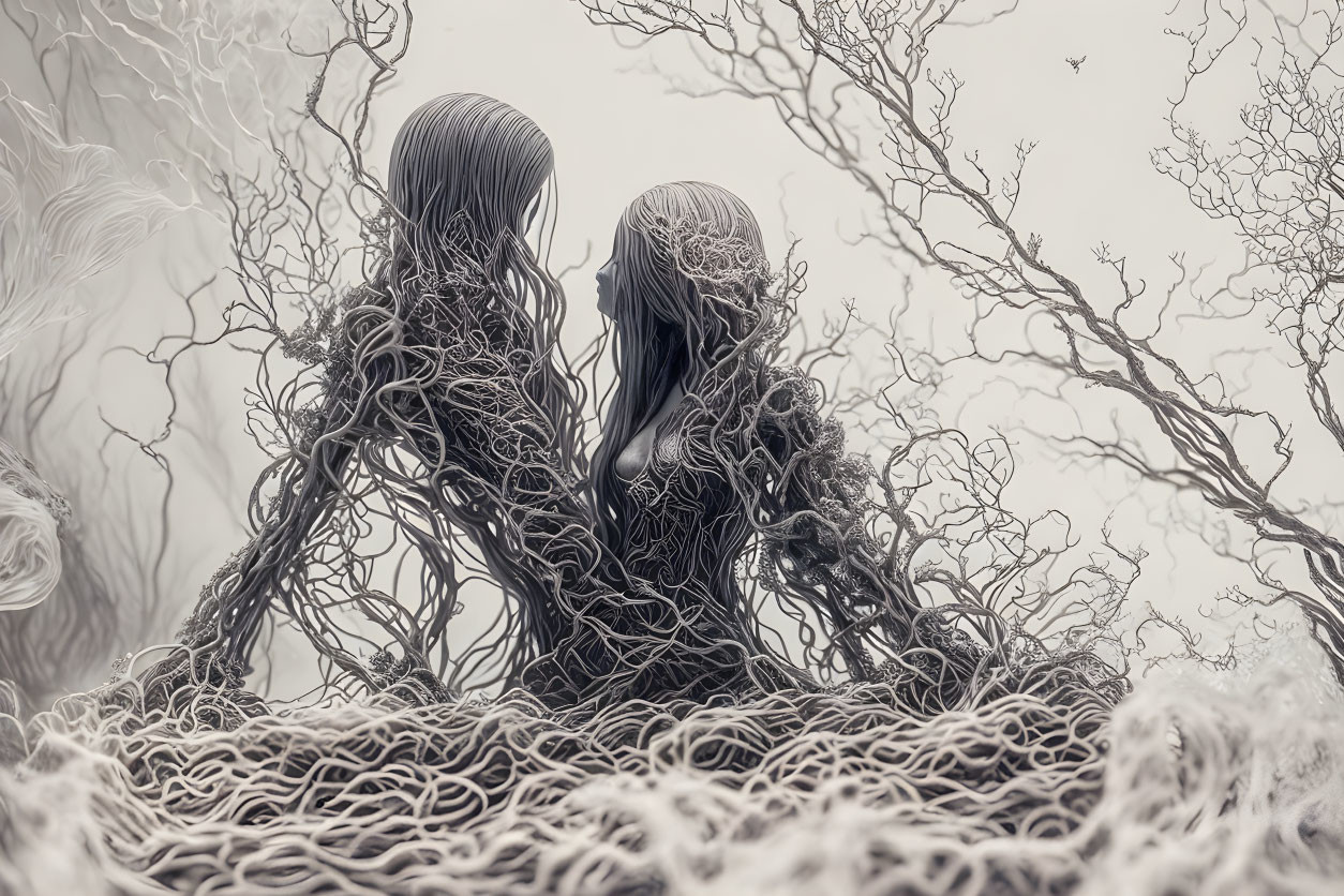 Intricate hair figures entwined in tree-like forms in monochromatic setting