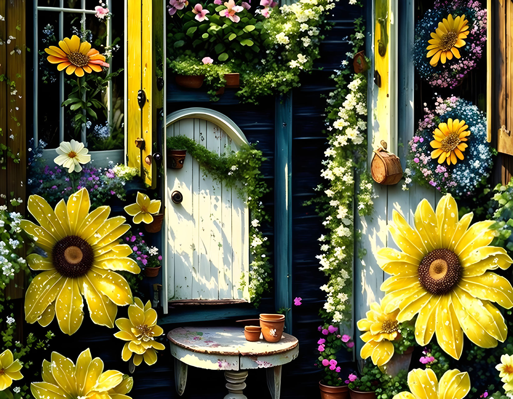 Colorful garden scene with blue door, yellow shutter, lush flowers, and table with pots.