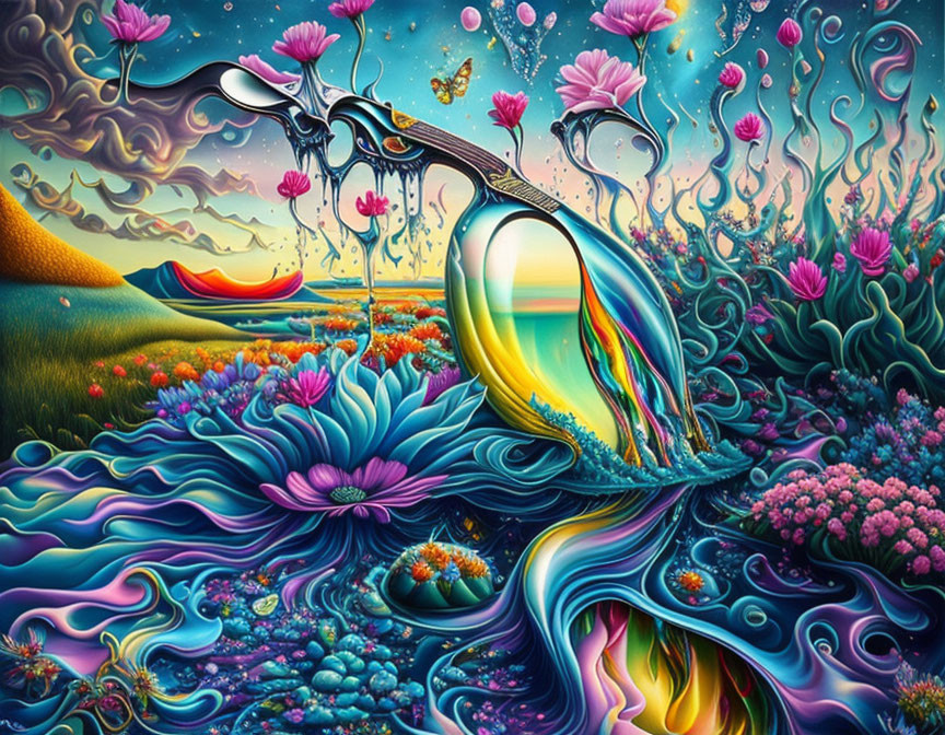 Colorful surreal landscape with ornate tree and butterfly in dream-like scene