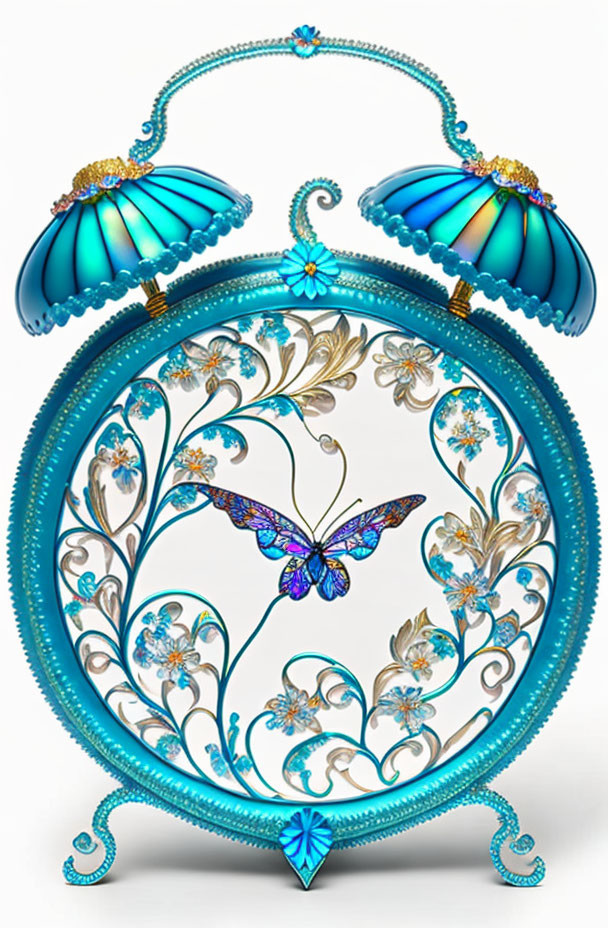 Floral and Butterfly Motif Ornate Clock in Blue and Gold Palette