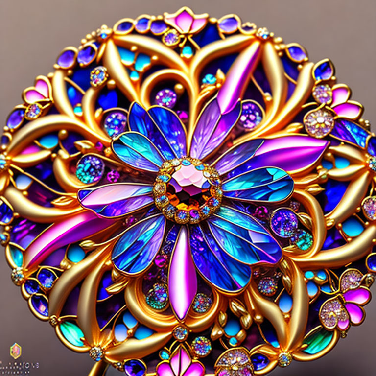 Ornate Flower Motif Jewelry Piece with Gold Designs and Gemstones