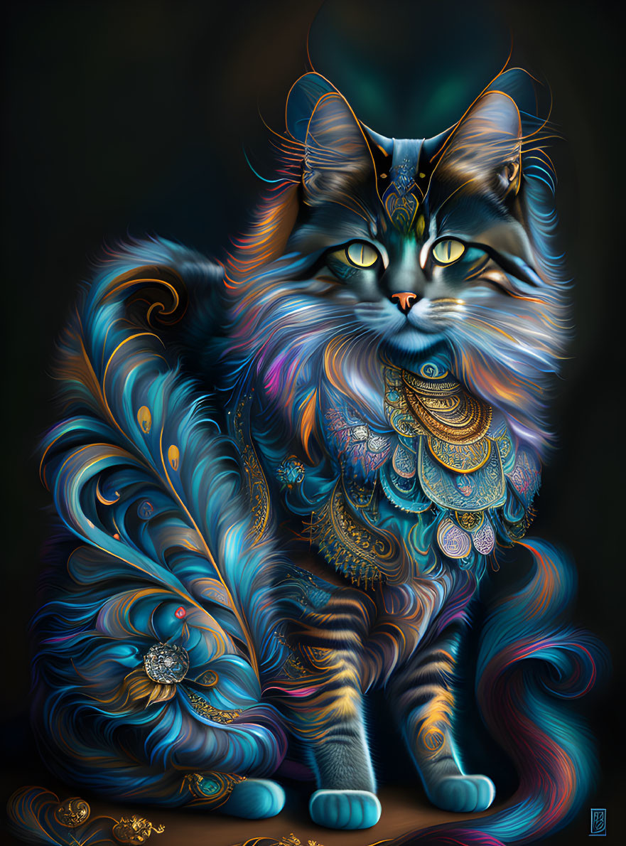 Majestic cat digital artwork with ornate patterns and feathers on dark background