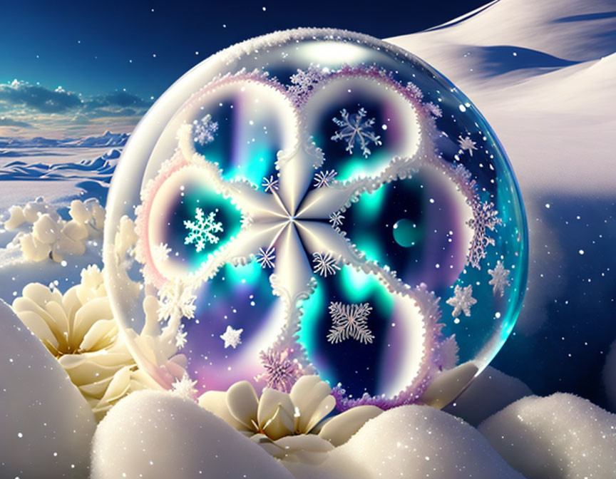 Detailed Snowflake Illustration in Transparent Sphere with Snowy Landscape