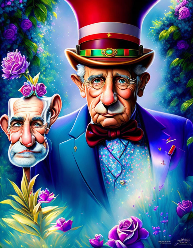 Colorful illustration of distinguished man in bowler hat with whimsical features, surrounded by flowers and butterflies