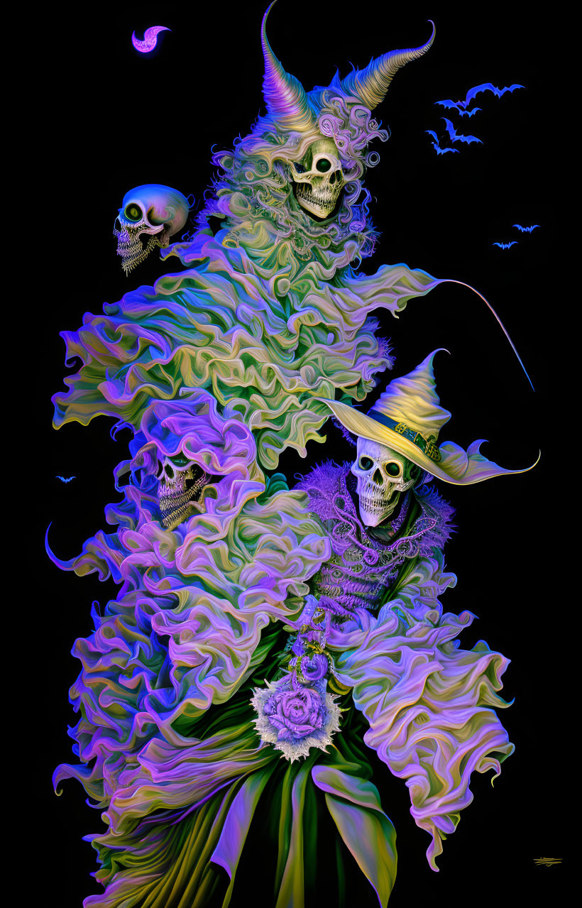 Detailed artwork: skeletal figure with horns, skulls backdrop, colorful cloak, and rose.