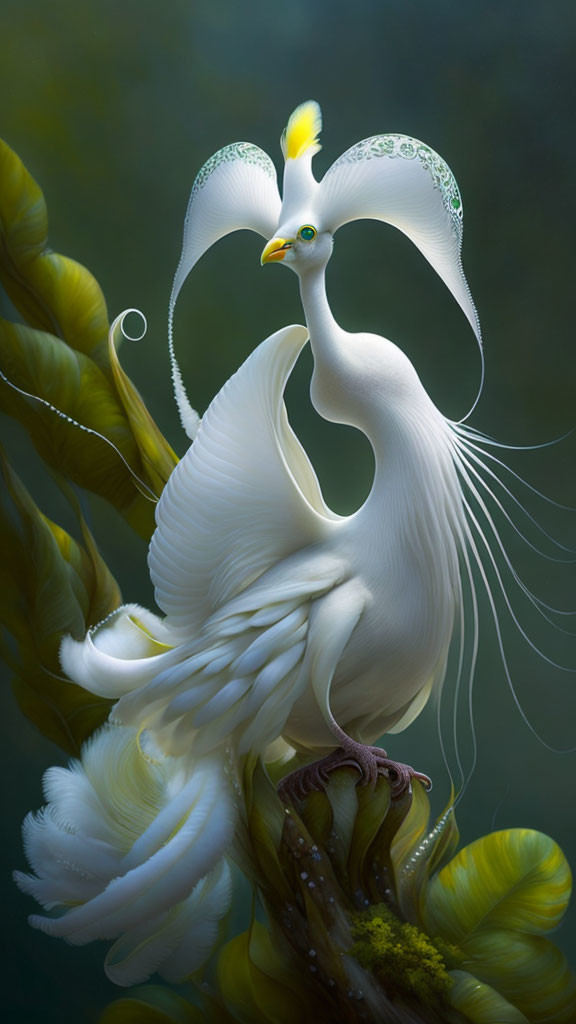 Elaborately plumed white bird perched in lush tree