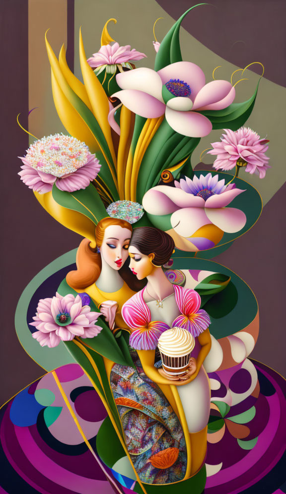 Vibrant painting of two feminine figures in floral embrace