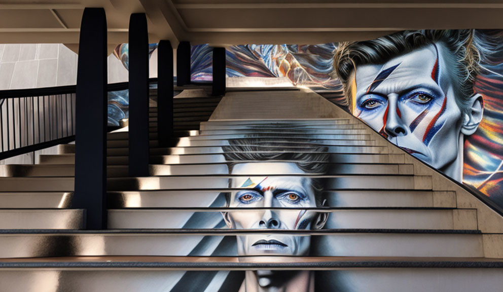 Staircase with David Bowie mural in Ziggy Stardust makeup