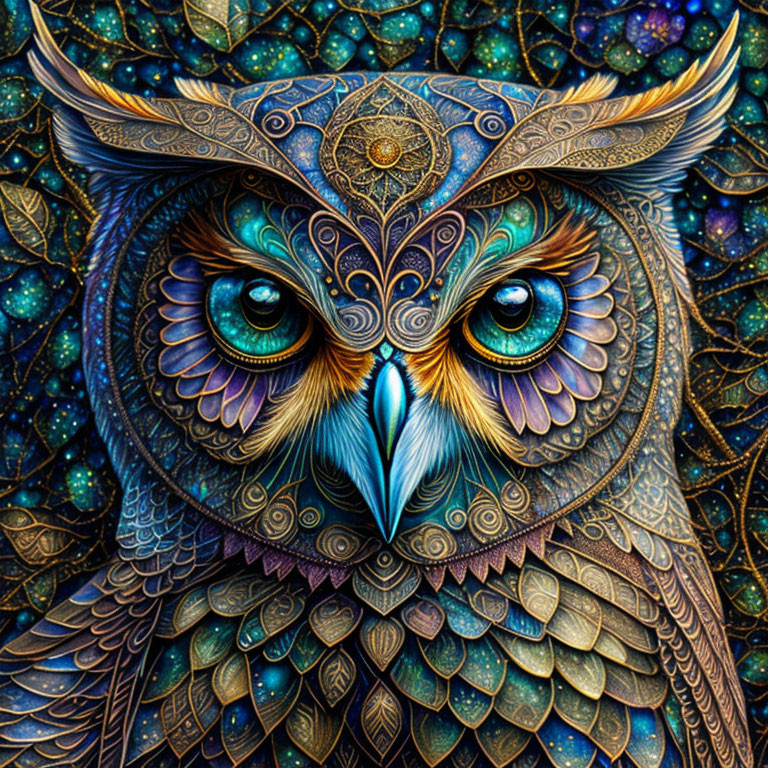 Vibrant owl digital art with intricate patterns and starlit backdrop