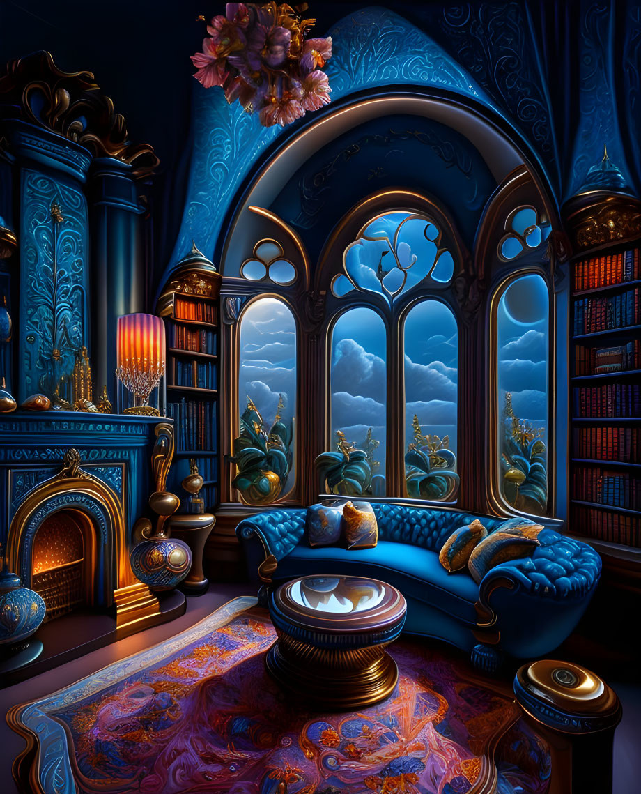 Luxurious Blue Velvet Sofa in Ornate Room with Fireplace and Arched Windows