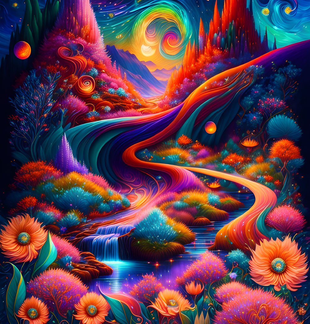 Fantastical landscape with swirling patterns and glowing orbs