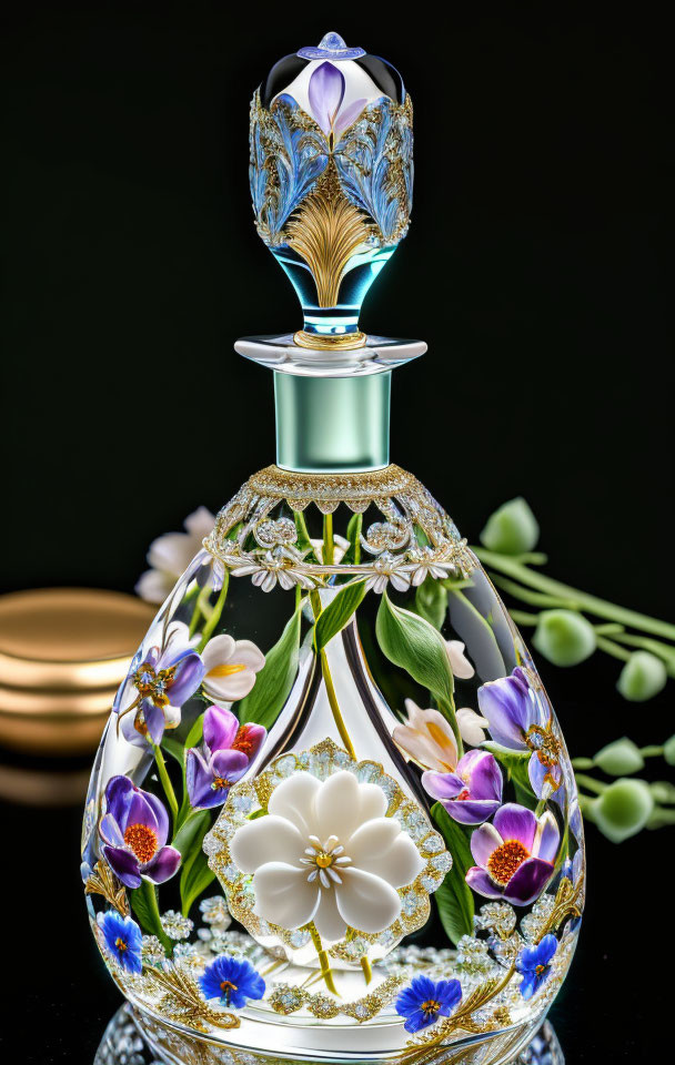 Ornate perfume bottle with floral designs and gold accents on black background