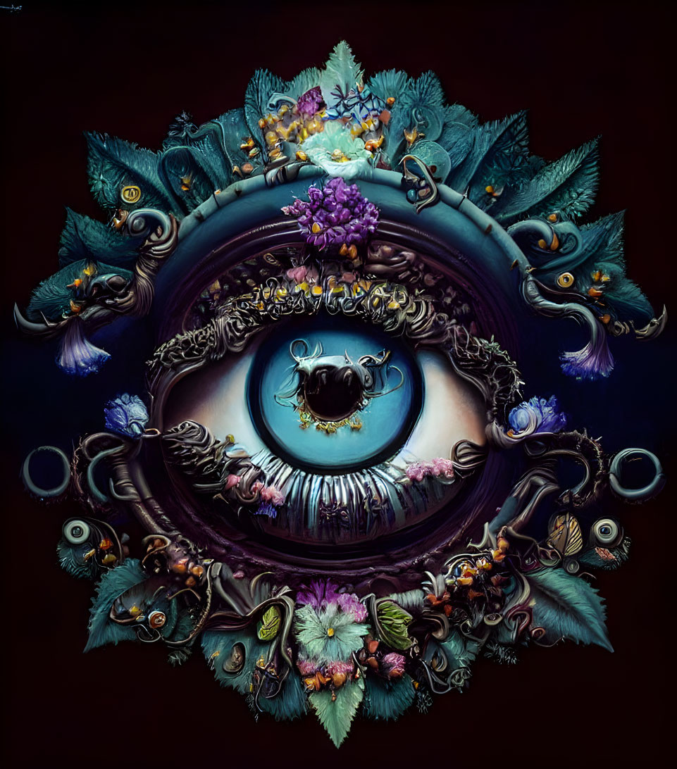 Surreal ornate eye with baroque elements, flowers, and mythical creatures