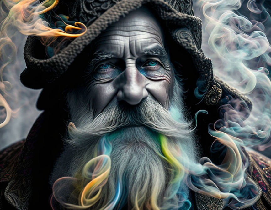 Elderly Man with Thick Beard and Blue Eyes in Hat with Colorful Smoke