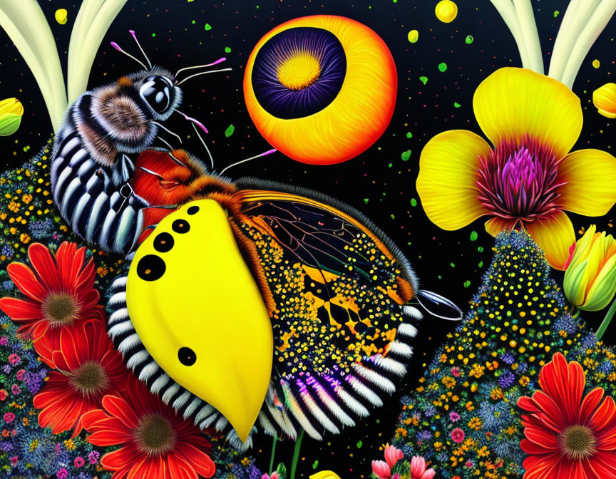 Colorful Butterfly Artwork with Flowers and Orbs on Starry Background