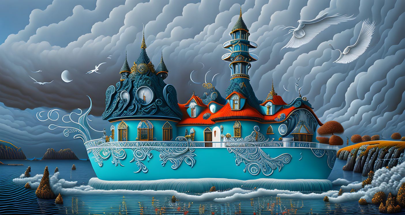 Surreal blue ship with ornate structures on deck in a stormy sea