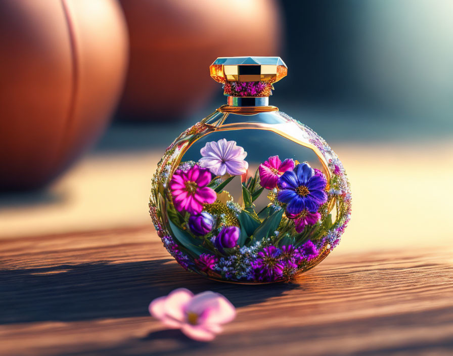 Colorful Flower Adorned Glass Perfume Bottle on Wooden Surface