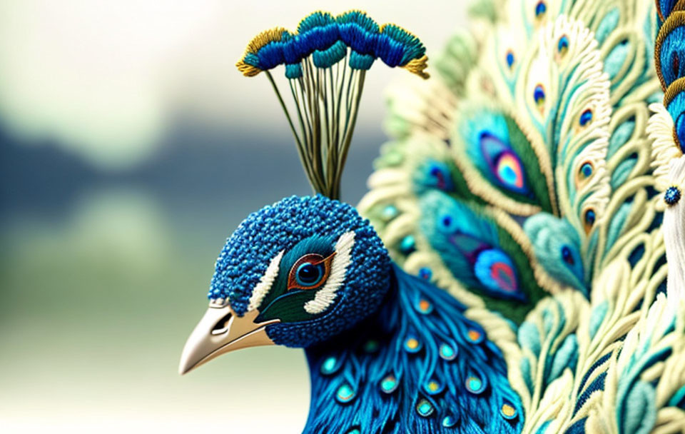 Vibrant blue and green peacock plumage with intricate eye patterns