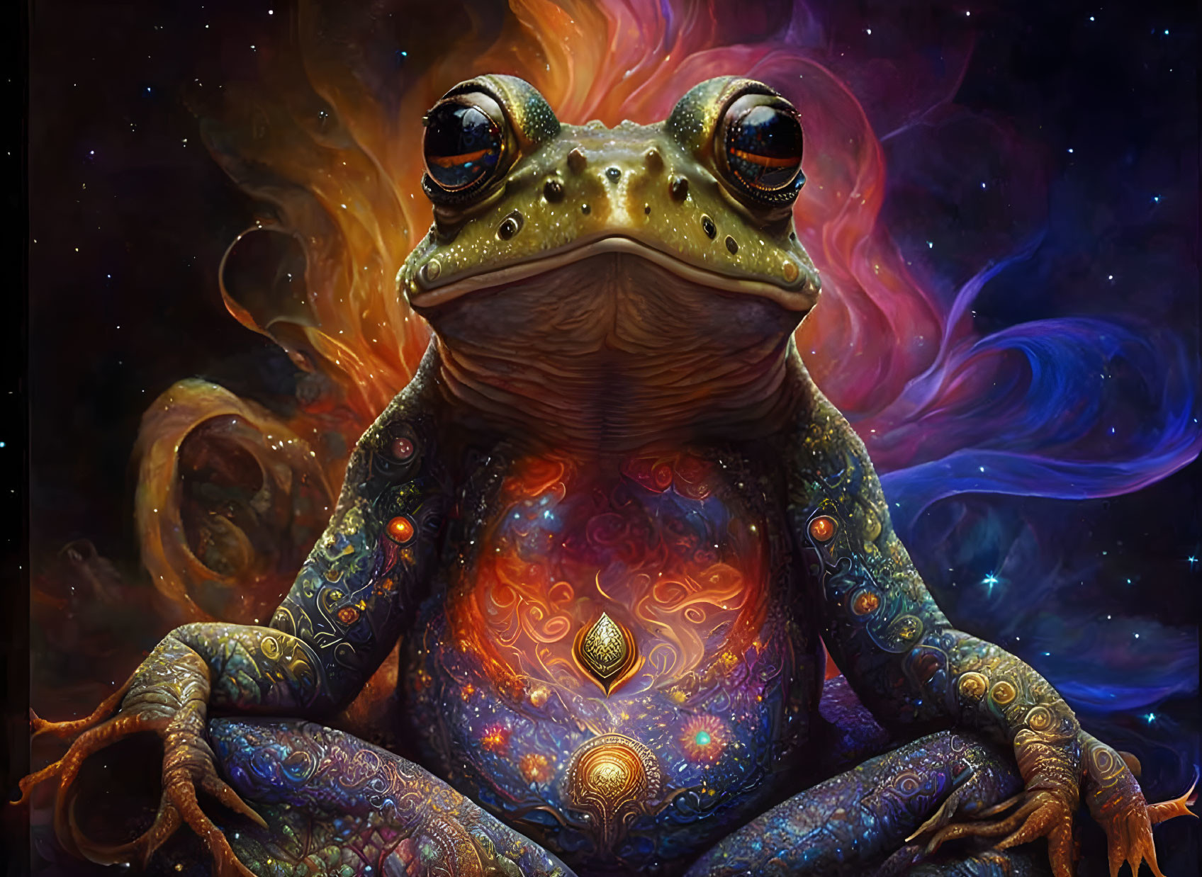 Cosmic-themed digital artwork: Toad with starry patterns in a vibrant space.