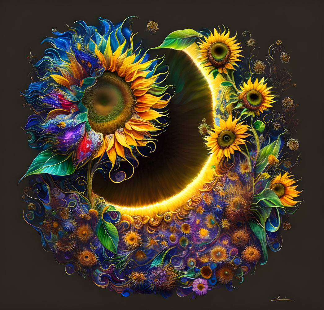 Colorful swirling sunflowers on dark background