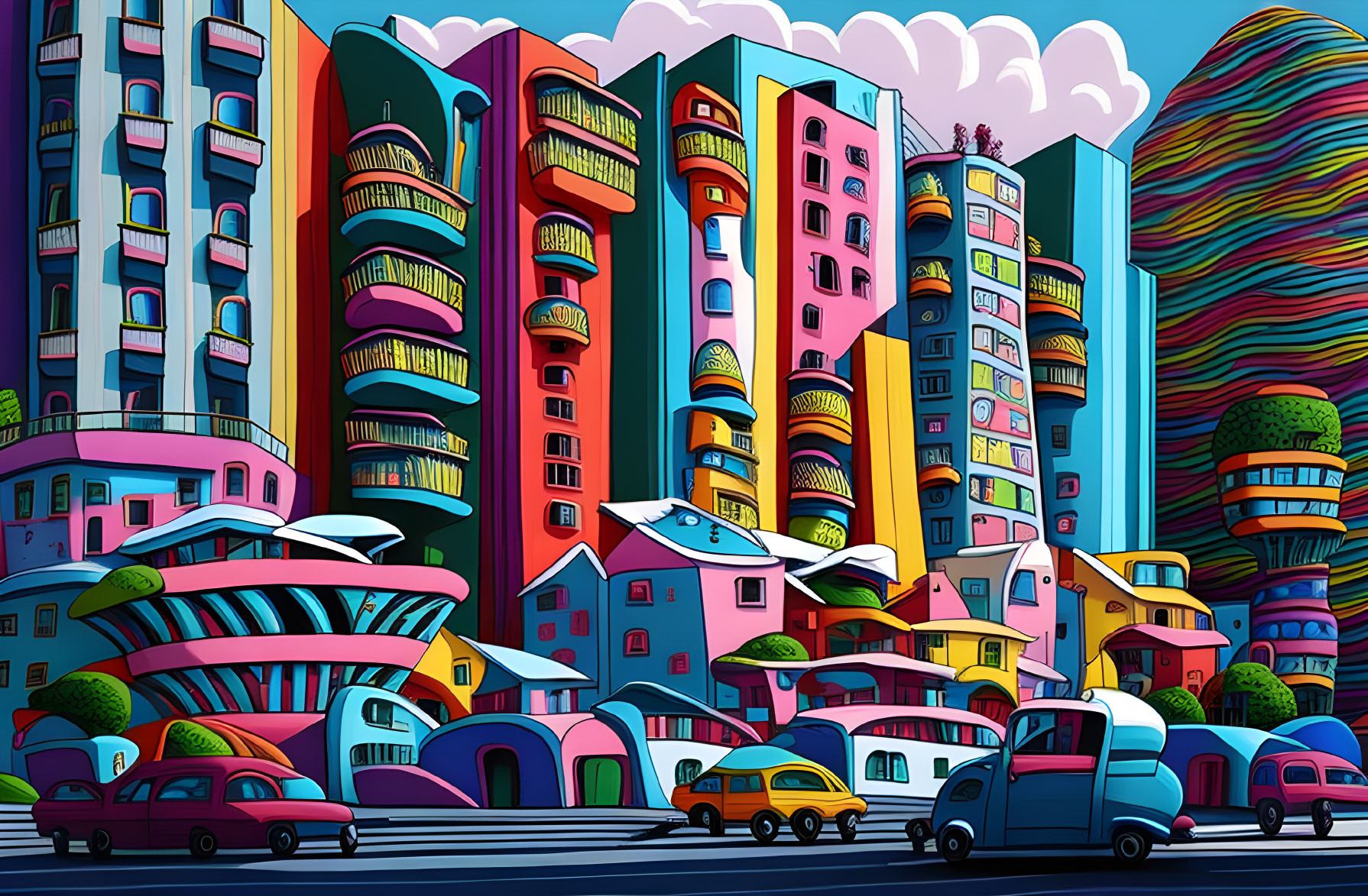 Colorful Cartoon Cityscape with Whimsical Architecture and Cars