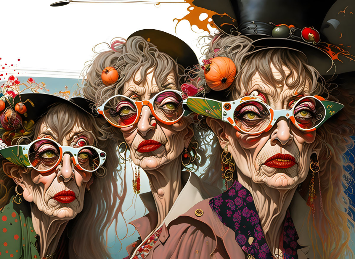 Eccentric elderly women in colorful makeup and unique hats