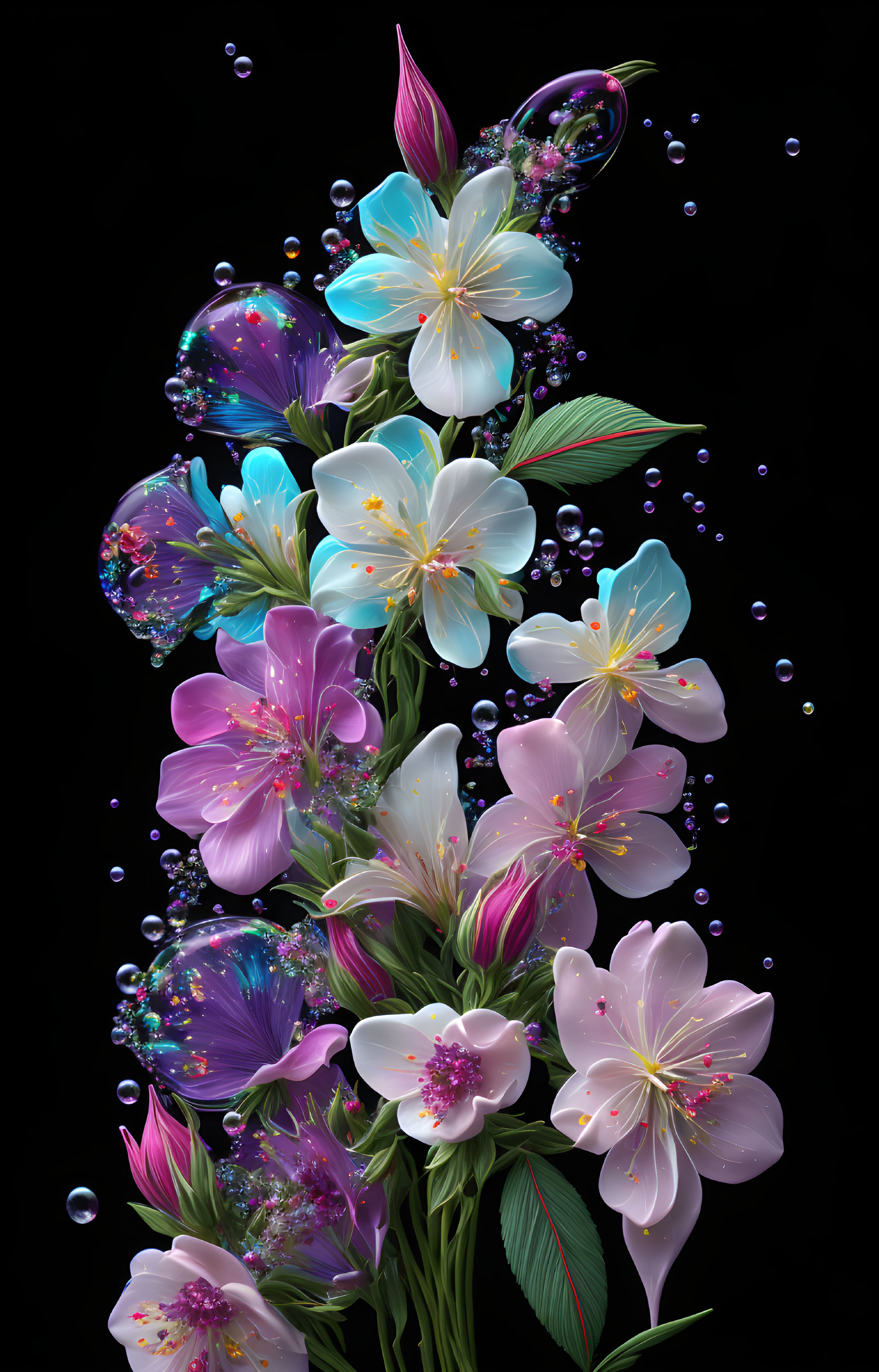 Vibrant luminescent flower bouquet with bubbles on black background