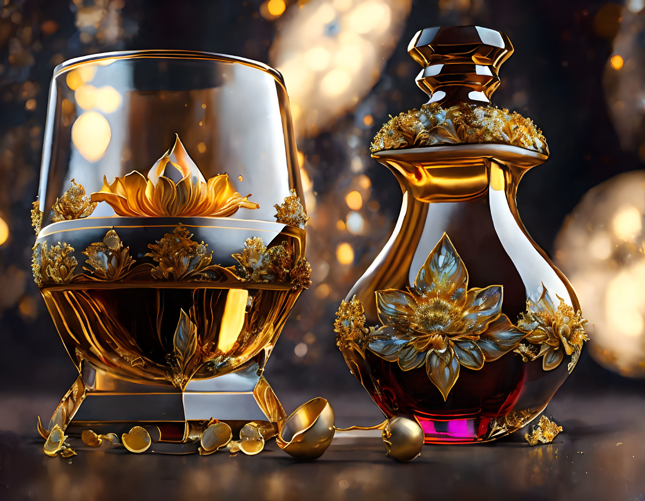 Ornate Golden Floral Whiskey Glass and Decanter Set on Bokeh Light Background