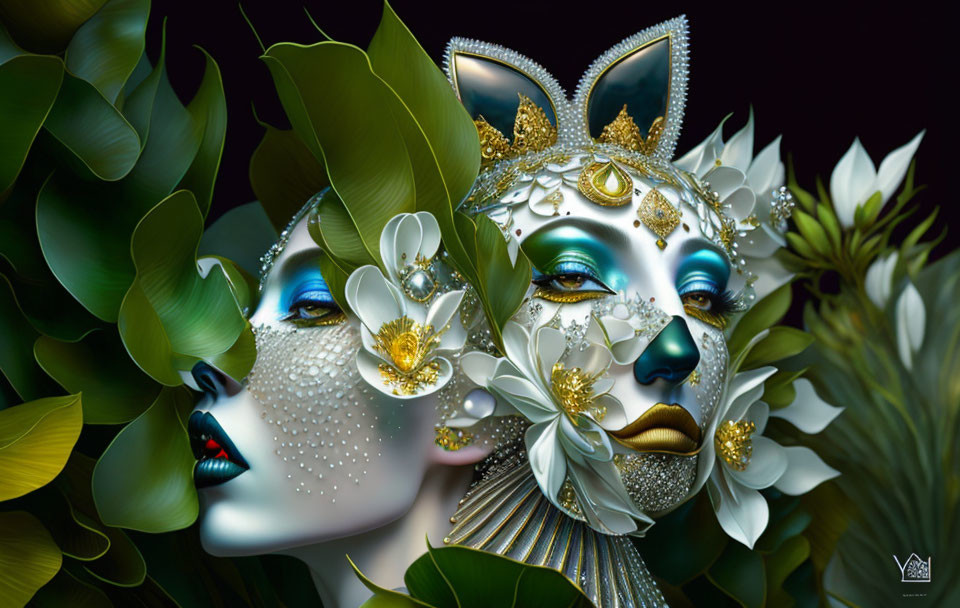 Stylized faces with cat-like masks in lush botanical setting