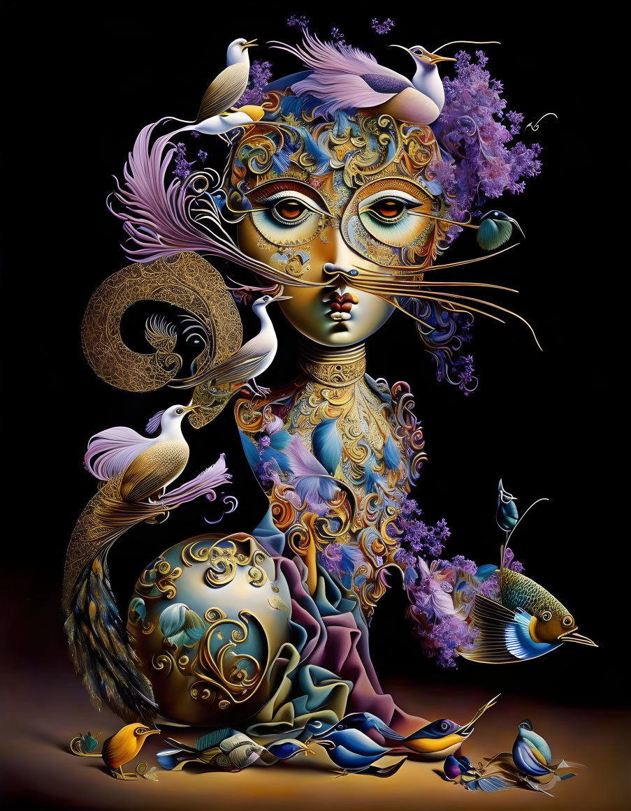 Colorful surreal figure with ornamental, aquatic, and avian elements on dark background.