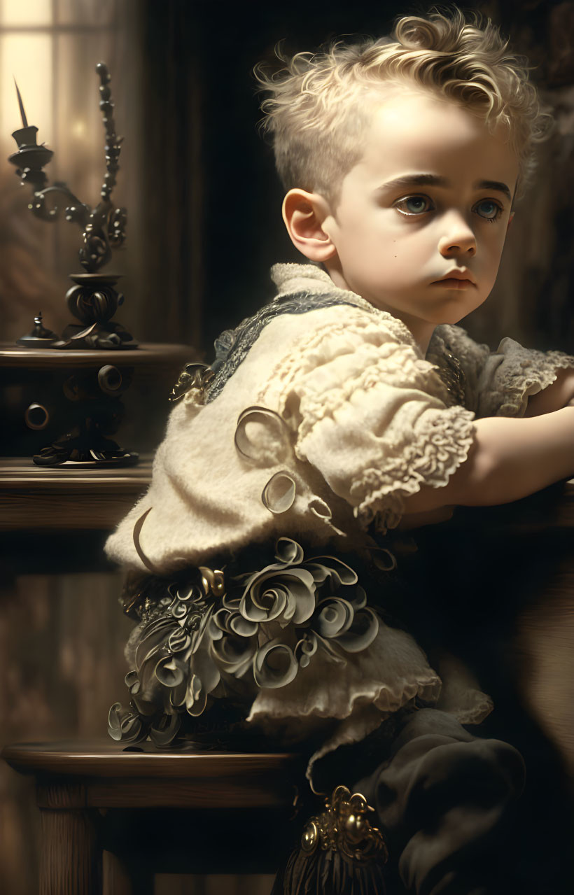 Blond Curly-Haired Child in Historical Attire Looking Out Window