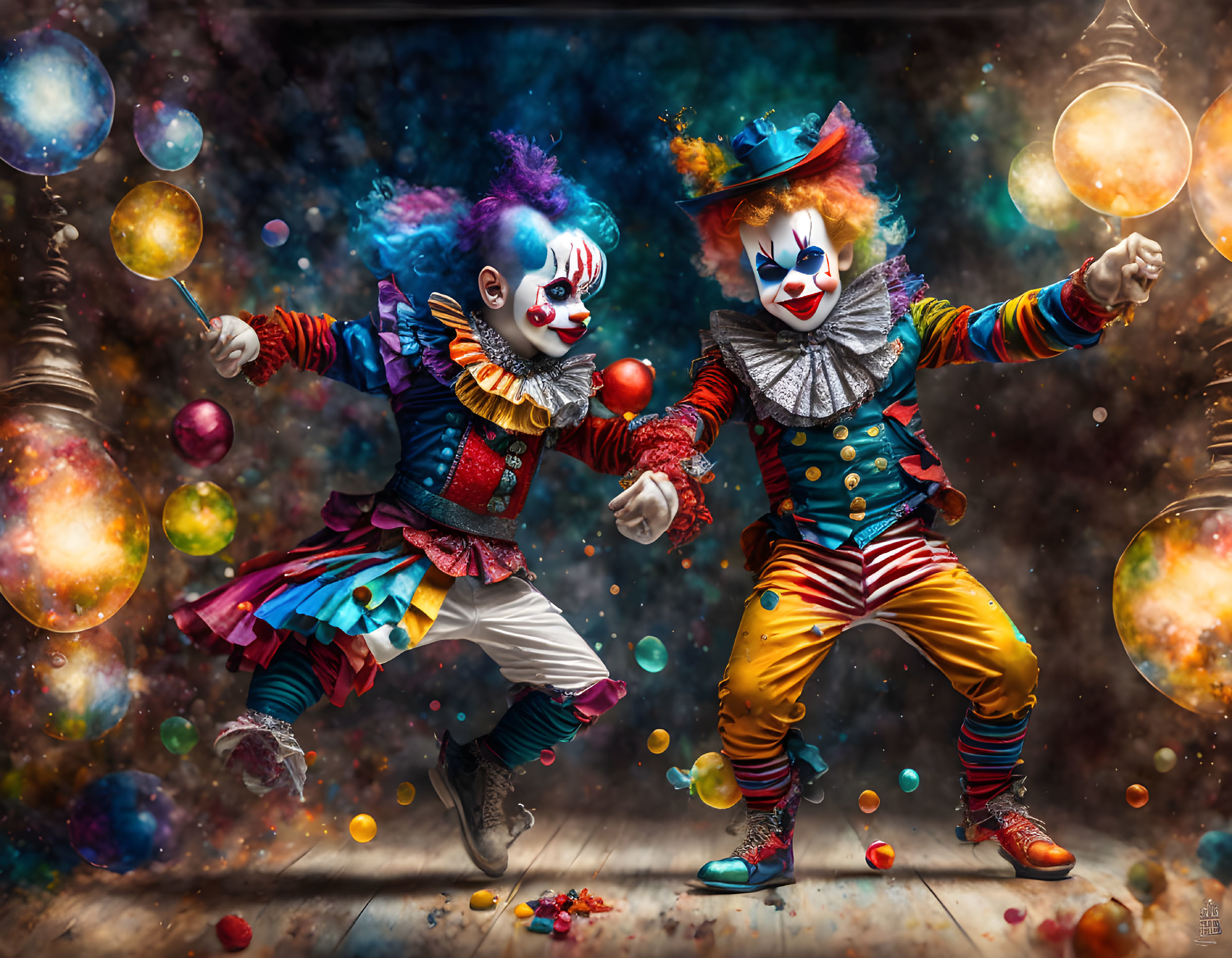 Colorful clown duo juggling apples amid floating bubbles and candies on bokeh light backdrop