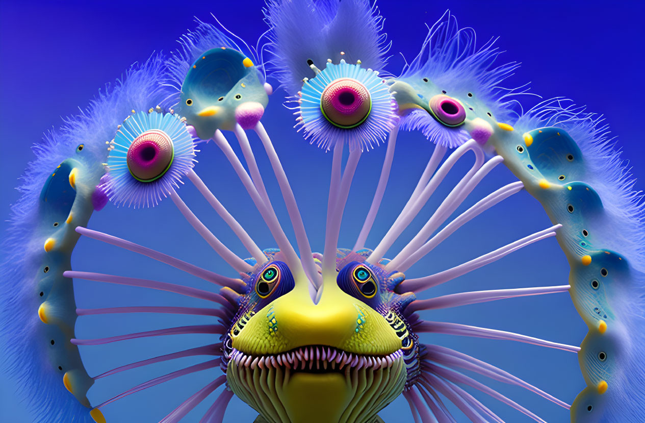 Colorful digital creature with eye-like structures on blue background