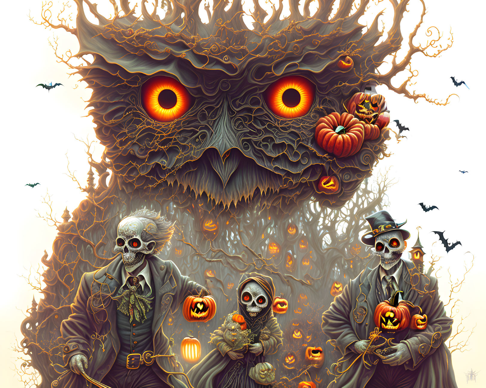 Spooky Halloween illustration: Glowing-eyed tree & pumpkin-headed figures