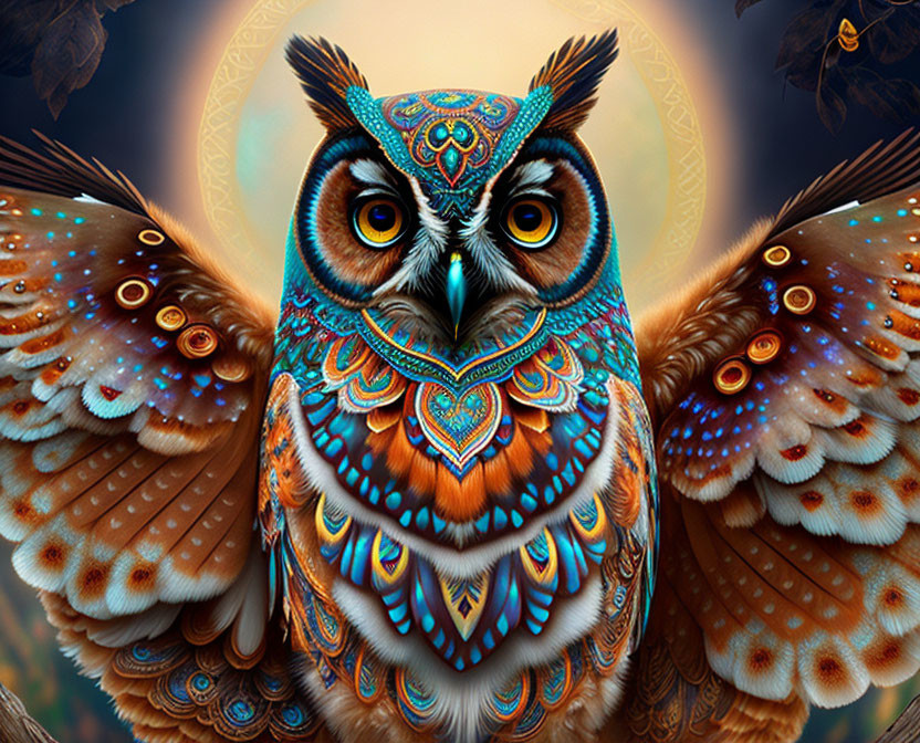 Colorful Owl Artwork with Elaborate Patterns and Intense Colors