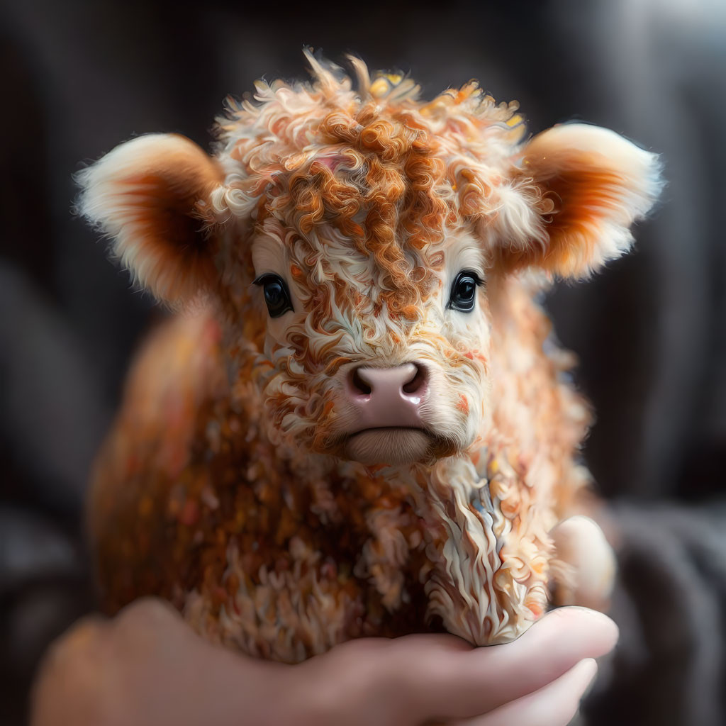 Fluffy brown and white calf being cradled by a person