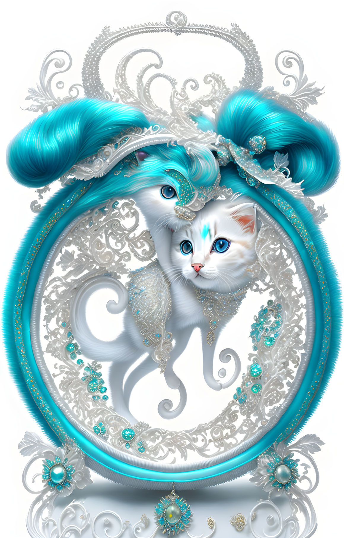 White Cat Fantasy Illustration with Blue Eyes and Teal Jewelry in Baroque-style Silver Frame