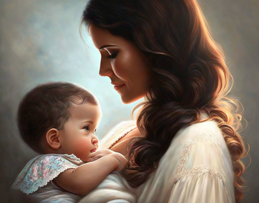 Mother cradling baby with dark hair in tender embrace