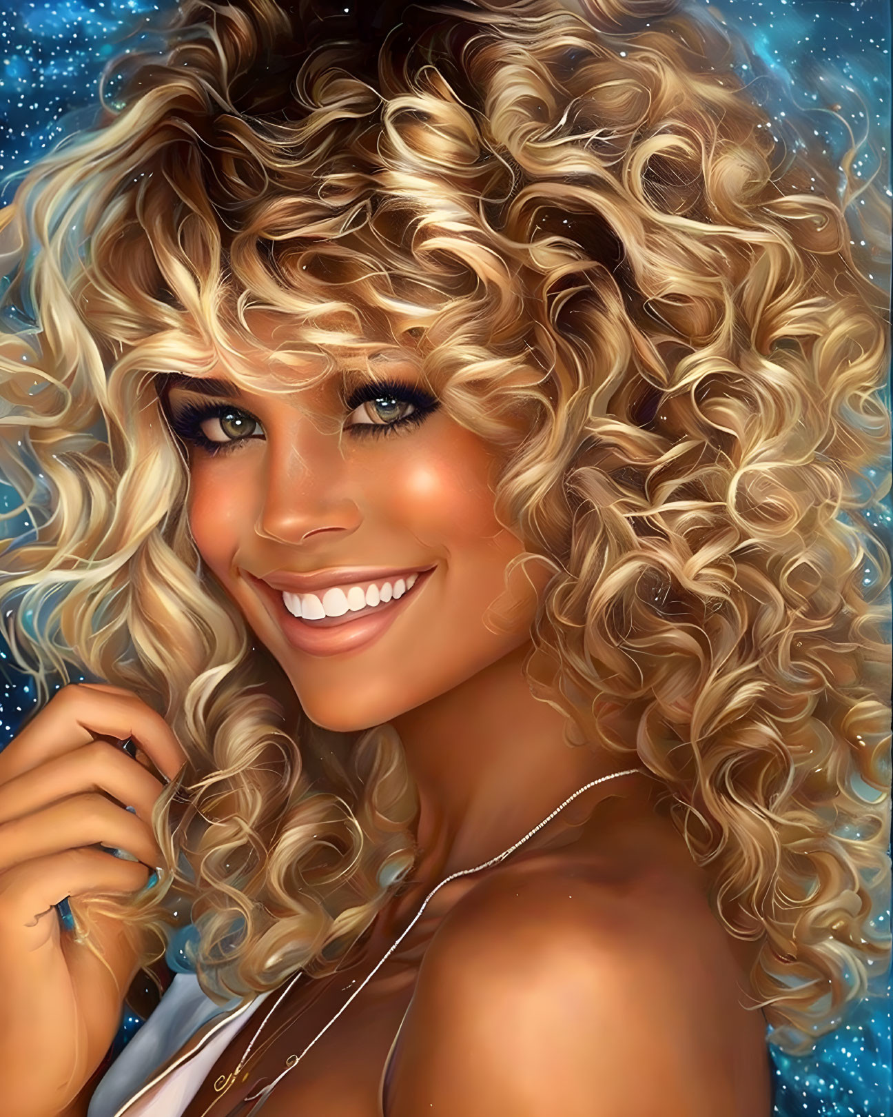 Blonde Woman with Curly Hair in Starry Background