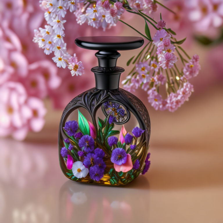 Intricate Floral Design Perfume Bottle with Pink Blossoms